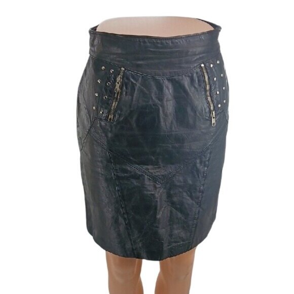 Vintage Leather Skirt Black Straight 80s Studded Zipper Pockets Retro Size 8 - Picture 1 of 10